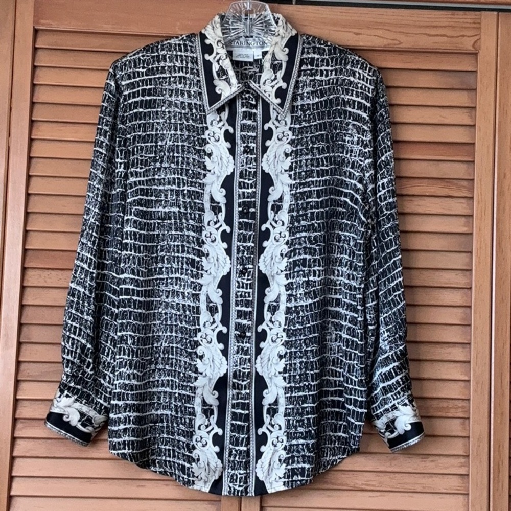 Starington Rose Black and White Baroque-Trim Button Front Blouse